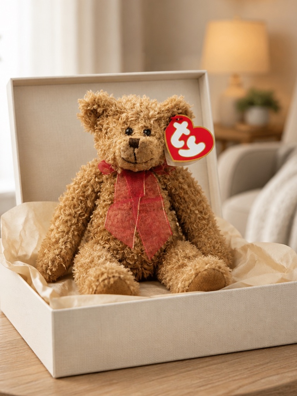 TY Plush Curly Brown Teddy with Red Bow